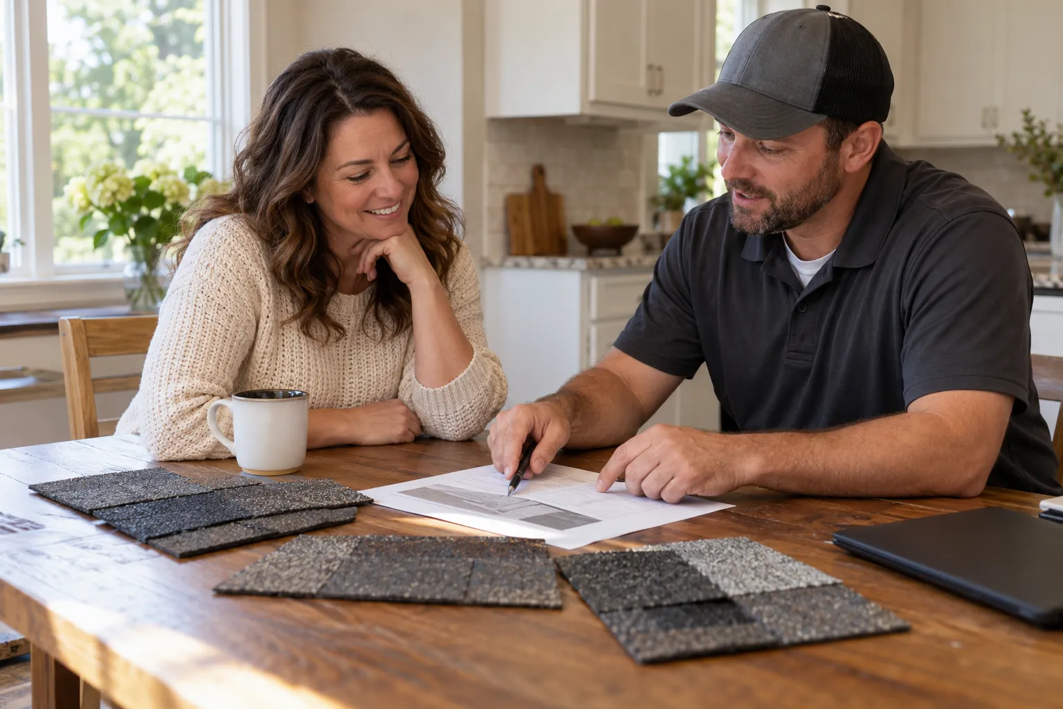 Homeowner reviewing a written roof quote with a local provider in the Wilmington area